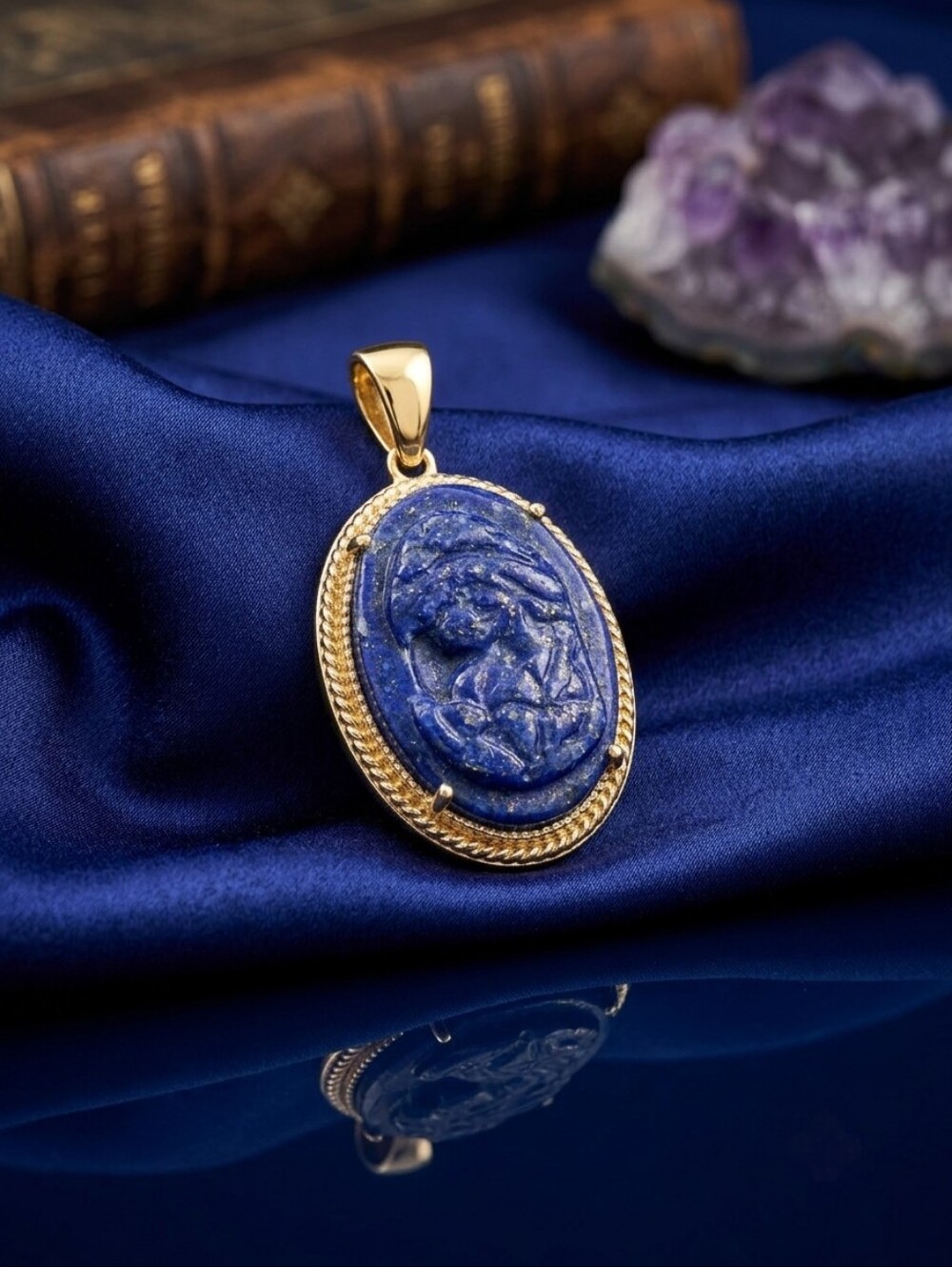 Intricate Carved Lapis Lazuli Cameo Pendant Whimsigoth Dark Academia Goth Mythic